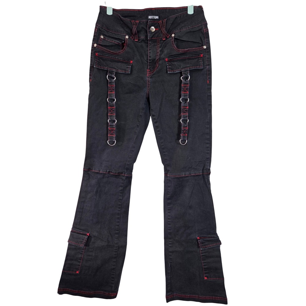 Y2K Hot Topic Cargo Pants Juniors 5 Black Red Stitch Goth Punk Straps